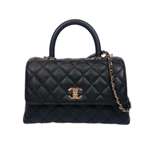 CHANEL Chanel top handle flap bag black caviar champagne GD metal fittings