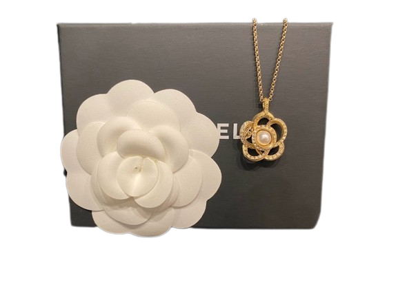 ★パールとの組み合わせが絶妙★CHANEL カメリア シャネル カメリア A18P ネックレス GP×ラインストーン×フェイク
