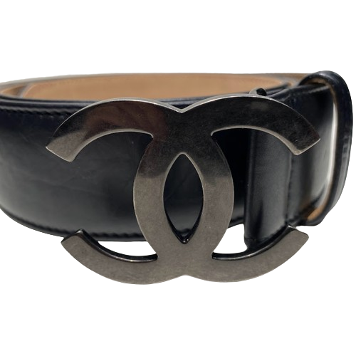 CHANEL NEW QUILTED BLACK LEATHER BELT WITH CC LOGO GOLD