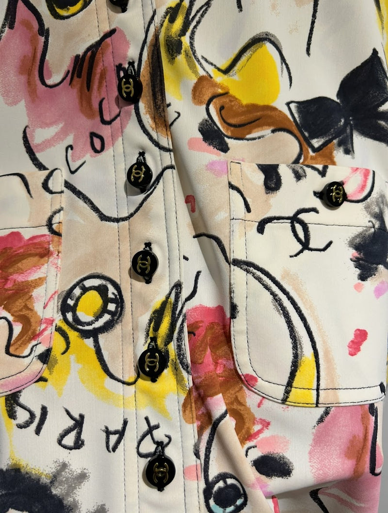 CHANEL ヴィンテージ 総柄 シルク 長袖シャツ