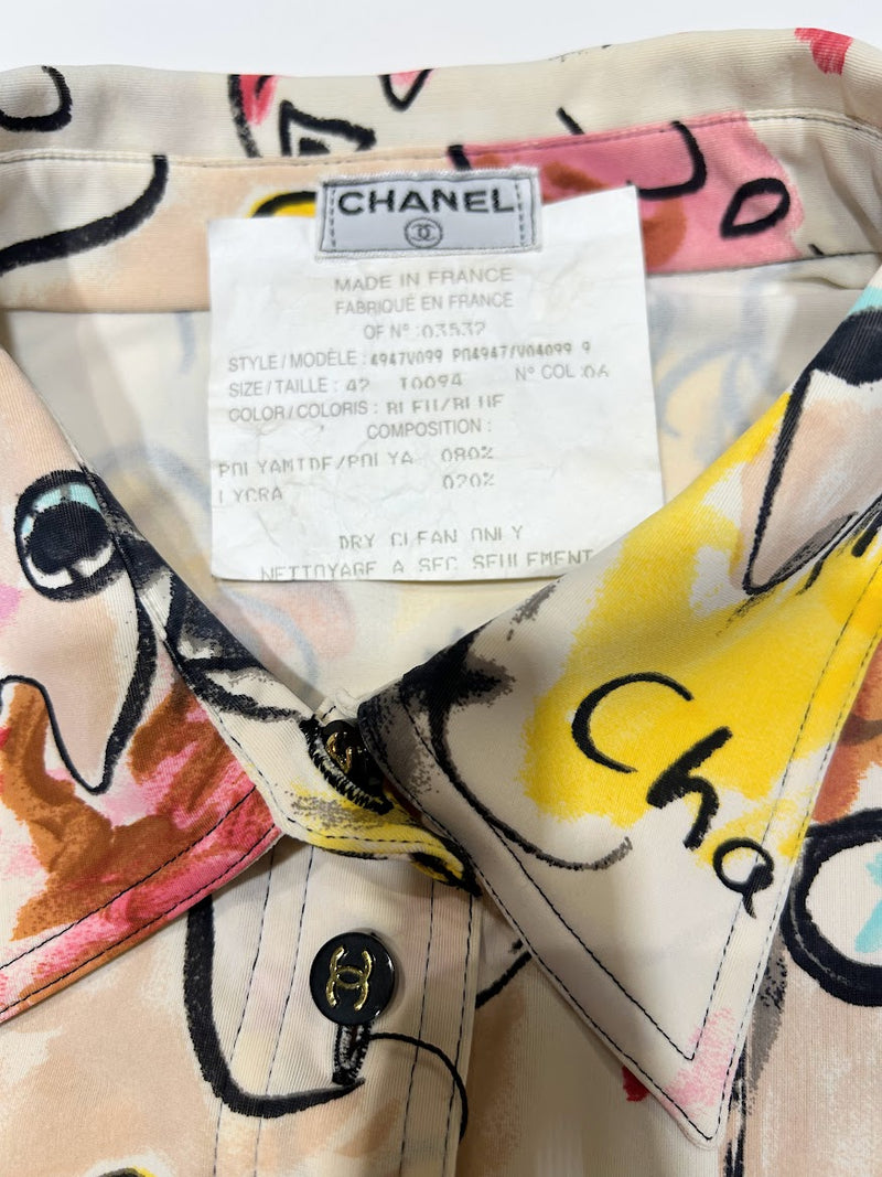 CHANEL ヴィンテージ 総柄 シルク 長袖シャツ