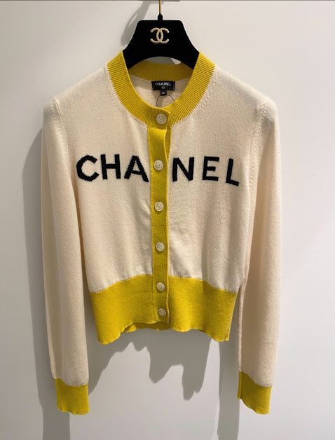 CHANEL ロゴ カシミア カーディガン 白×黄