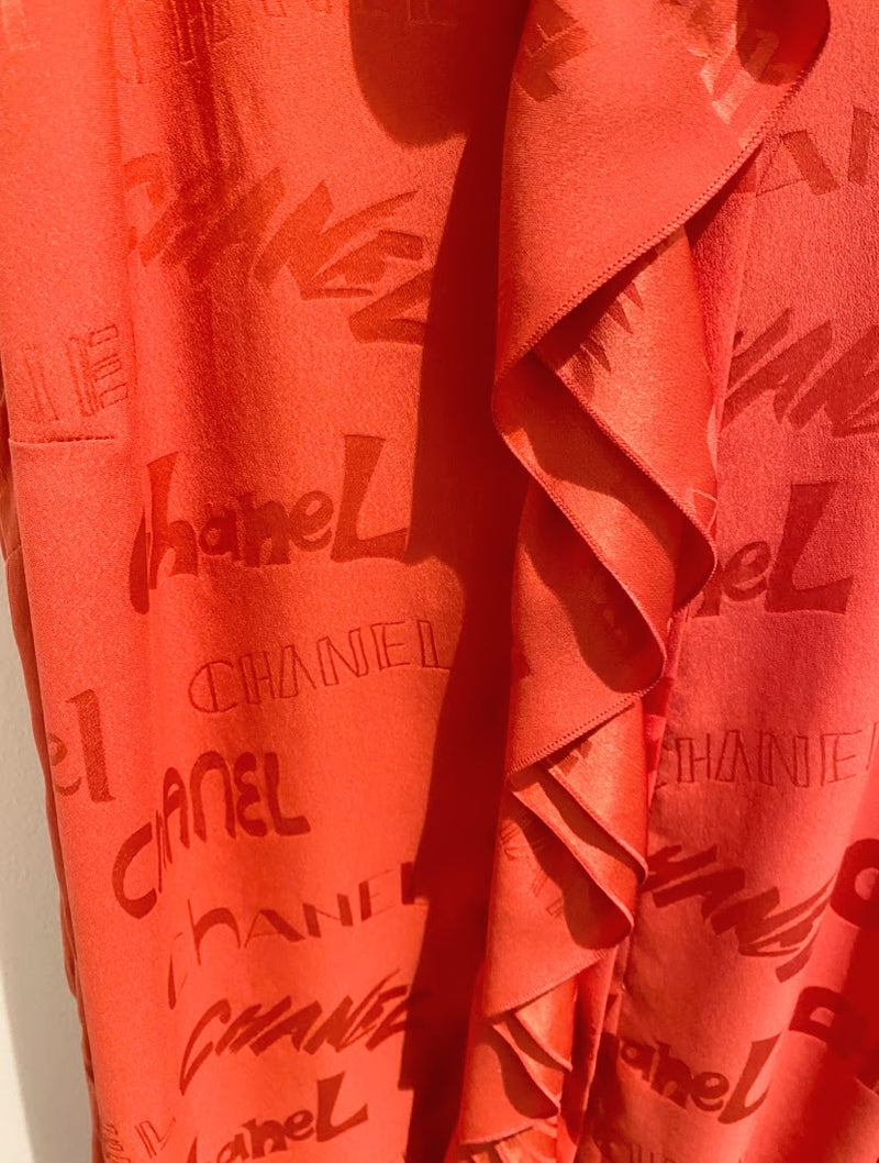 CHANEL フリル ロゴ総柄 ノースリーブ カットソー シルク