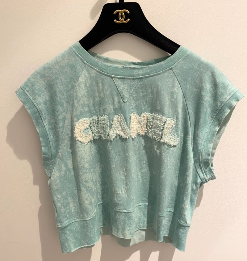 CHANEL 2023年春夏 フレンチ袖ブリーチ ツイード ロゴデザイン 半袖Tシャツ