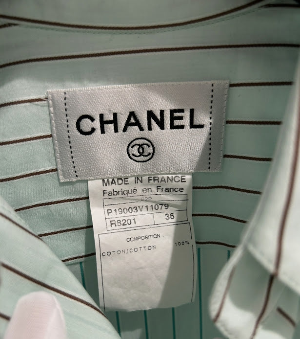 CHANEL ノースリーブストライプシャツ ライトグリーン×ブラウン