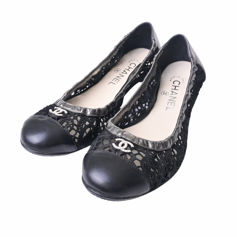 Chanel Cocomark Mesh x Leather Ballet Shoes 37 1/2 Ladies Black
