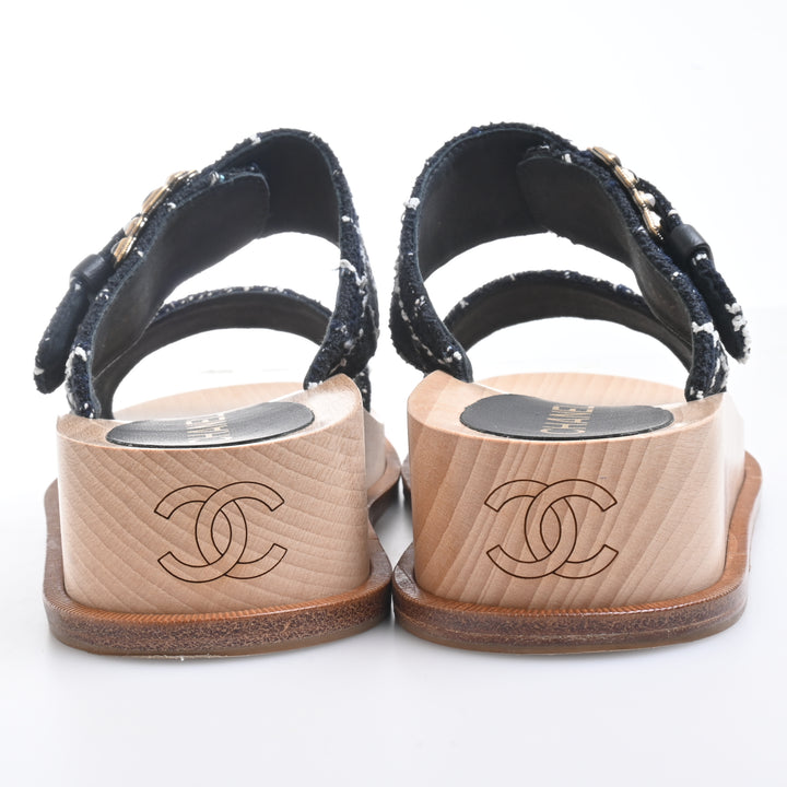 CHANEL シャネル サンダル チェーン ロゴ ツイード #36 黒 (ブラック) #36 G34826 新品同様【中古】