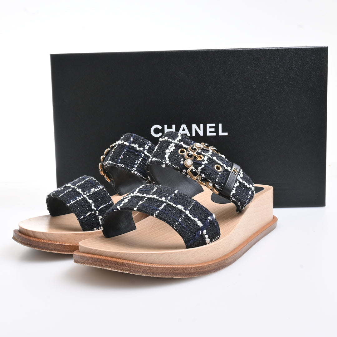 CHANEL シャネル サンダル チェーン ロゴ ツイード #36 黒 (ブラック) #36 G34826 新品同様【中古】