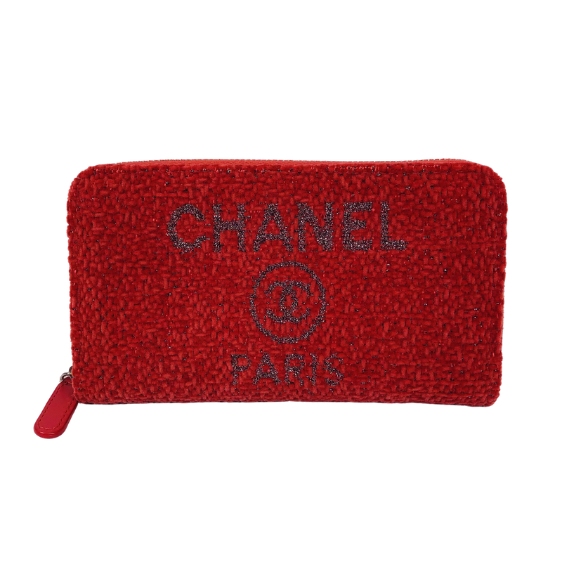 CHANEL ドーヴィル ツイード ラウンドジップウォレット レッド 28019582