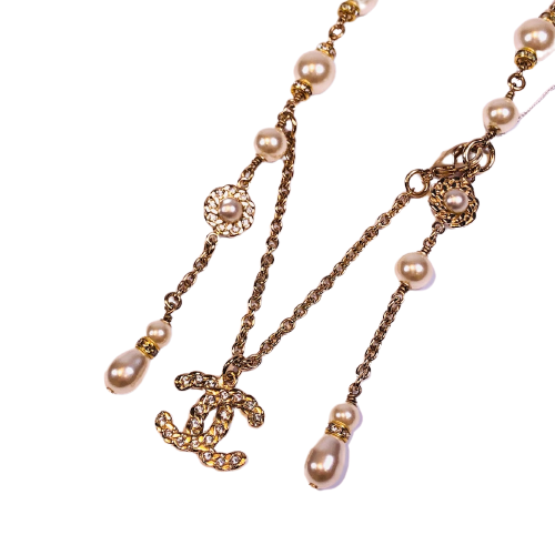 CHANEL Chanel here mark B19P necklace GP × rhinestone × fake pearl champagne gold