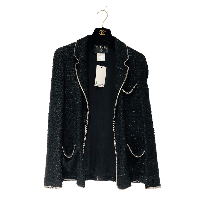 CHANELスパンコール付ツィードトップス 黒 美品 シャネル 06P ラメミックスツイード チェーントリミング